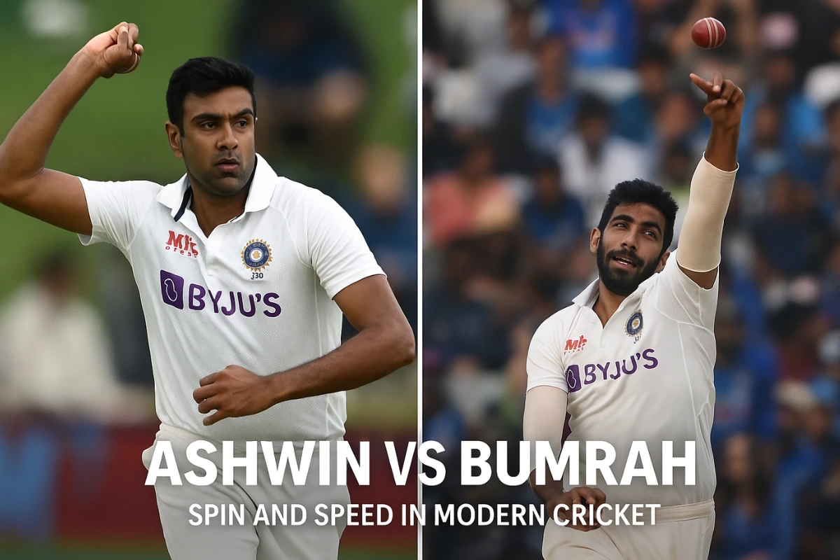 Composite image of Ravichandran Ashwin delivering a spin ball and Jasprit Bumrah bowling a fast delivery in Test cricket