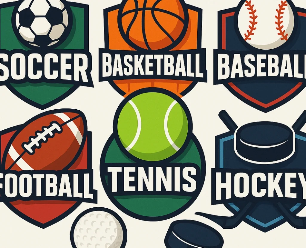 Colorful vector sports logos featuring soccer, basketball, baseball, football, tennis, golf, and hockey on a grid layout.