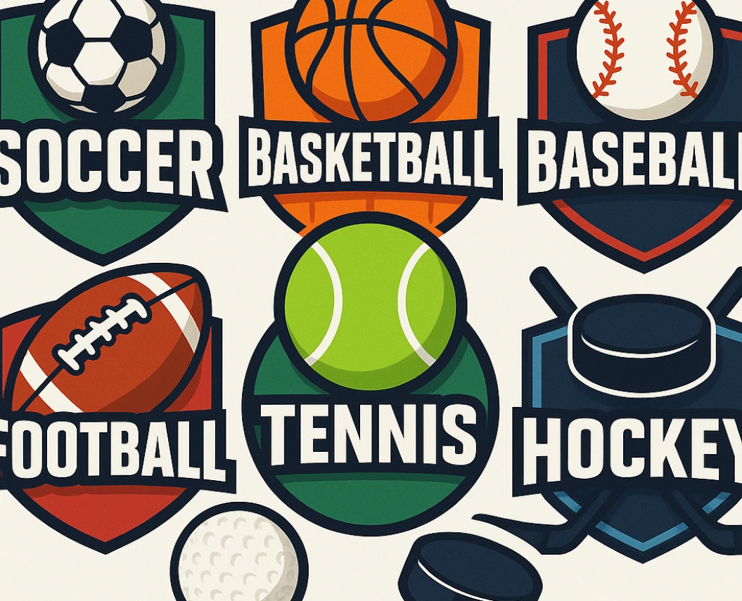 Colorful vector sports logos featuring soccer, basketball, baseball, football, tennis, golf, and hockey on a grid layout.