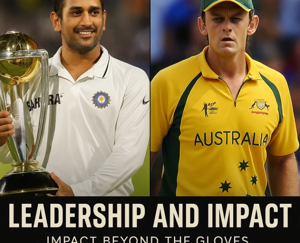 MS Dhoni and Adam Gilchrist side-by-side in cricket gear representing India and Australia respectively