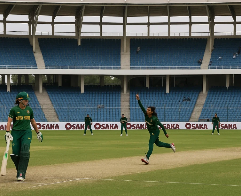 Cricket stadium with Pakistan and South Africa women’s teams during an ODI match in preparation for the 2025 World Cup