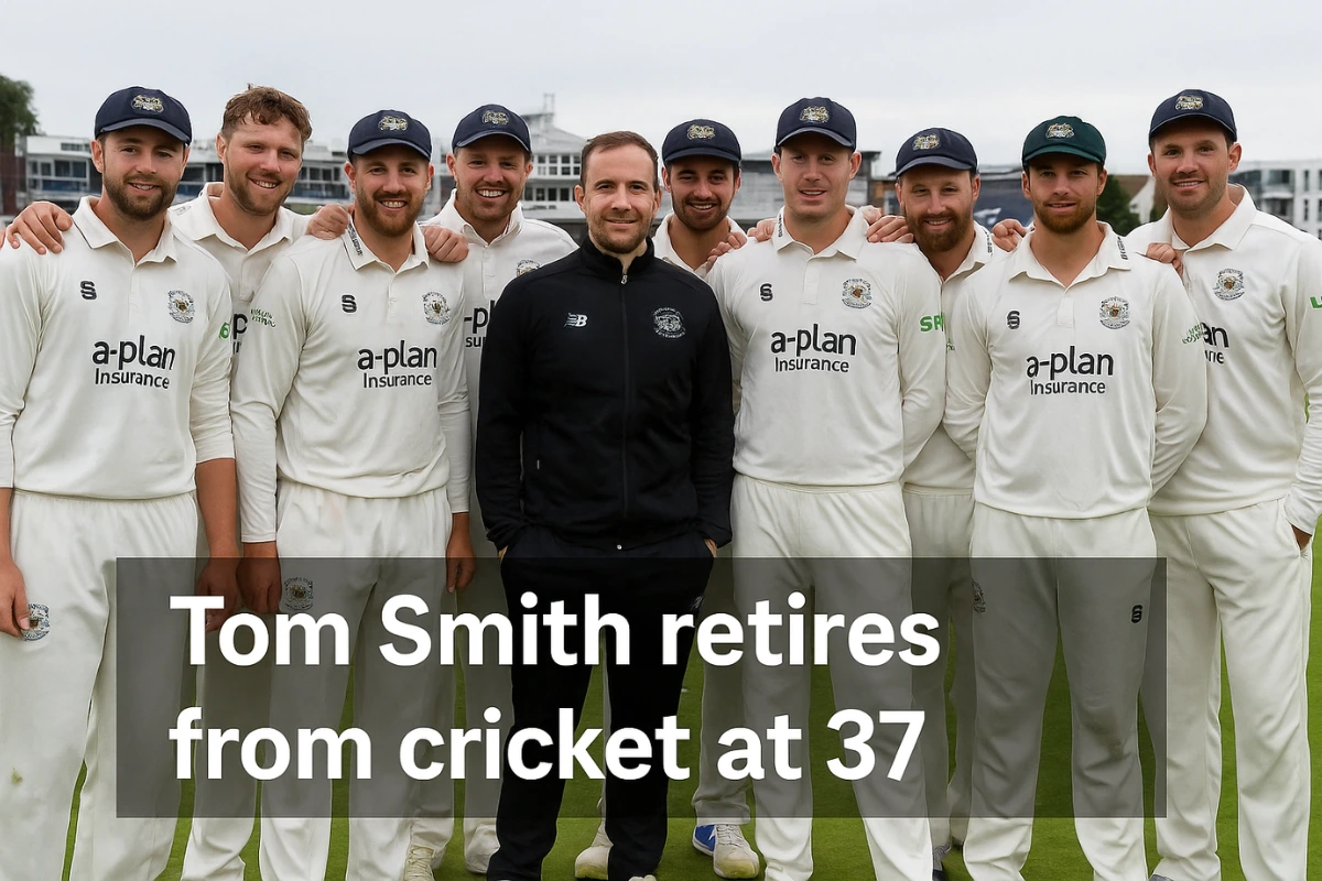 Tom Smith stands with Gloucestershire cricket teammates in white kits as he announces his retirement at age 37