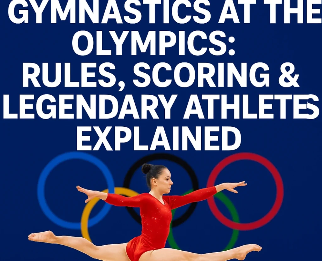 Female gymnast in red leotard performs a mid-air split leap during Olympic gymnastics event with Olympic rings in background