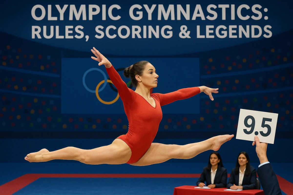 Female gymnast in red leotard performs split leap during Olympic event with judges scoring 9.5 in front of Olympic rings
